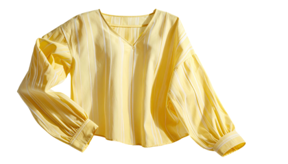 Yellow striped blouse with puffed sleeves.  V-neck, long sleeves, and a relaxed fit