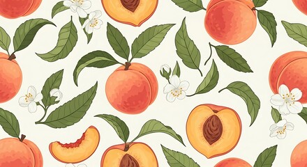 Obraz premium Peach Pattern with Leaves and Flowers.
