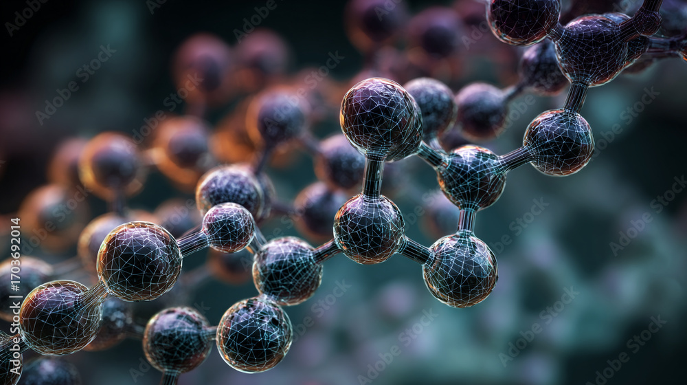 Poster microscopic view of molecules connected in a chain showing intricate detail and glowing light