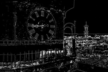 Abstract neon lines of Lviv old city at night