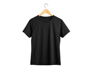  Casual Black T-Shirt on Wooden Hanger Against Grey Concrete Wall, Minimalist Apparel Mockup, Isolated PNG