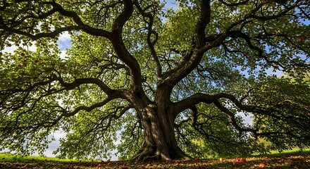 Obraz premium Majestic Ancient Oak Tree in Summer Sunlight.