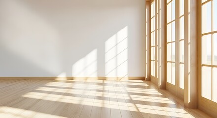 Obraz premium Sunlight streaming through large wooden framed windows into an empty, bright room with wooden floorboards and white walls, creating a warm and inviting atmosphere