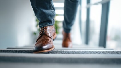 Close-up of person's feet walking up stairs
