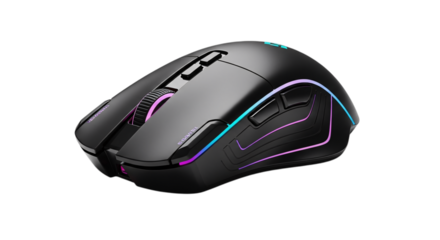 Black gaming mouse with colorful led lights isolated on transparent background