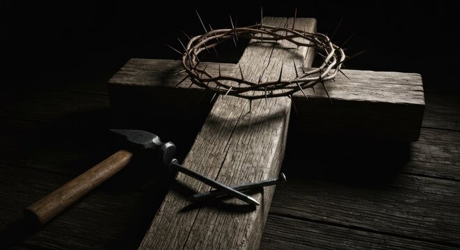 A weathered wooden cross, adorned with a crown of thorns, sits on a dark surface. A hammer and nails rest nearby, symbolizing suffering and sacrifice