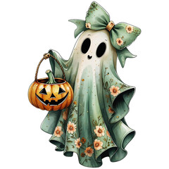 Cute Halloween ghost with Pumpkin, spooky season cute Halloween clipart, floral ghost boo transparent background PNG file digital watercolor art
