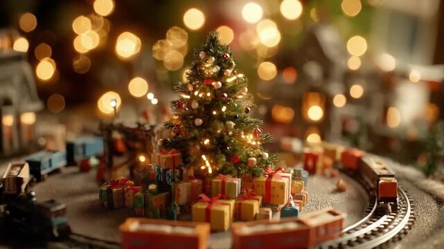 Miniature Christmas scene with a train looping around a decorated tree and gifts, lit by warm holiday lights.