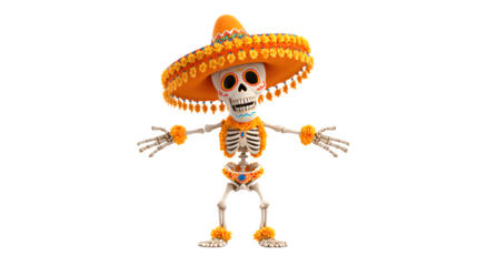 3D skeleton in sombrero costume Halloween theme, isolated on white background