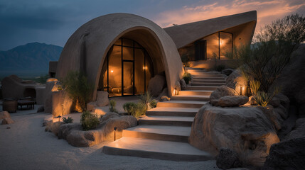 Futuristic White Dome House in Rocky Desert Landscape.