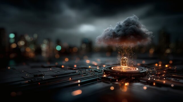 Artificial intelligence cloud computing with hologram padlock and cybersecurity network 