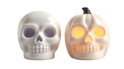 3D skull and pumpkin Halloween heads with glowing eyes, isolated on white background