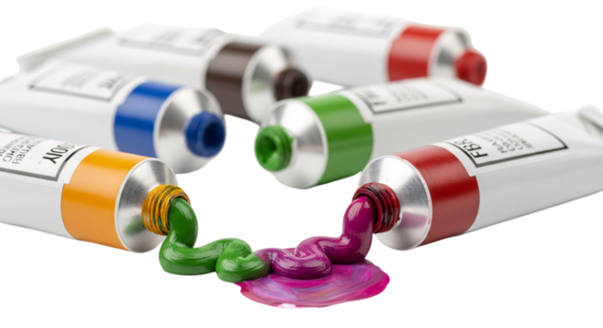 Paint tubes with colors spilling out isolated on transparent background