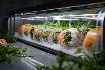 A modern, automated sushi-making machine creating perfectly rolled sushi, with fresh ingredients on display