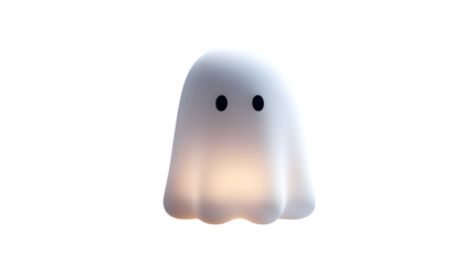3D style white Halloween ghost with soft glow, isolated on white background