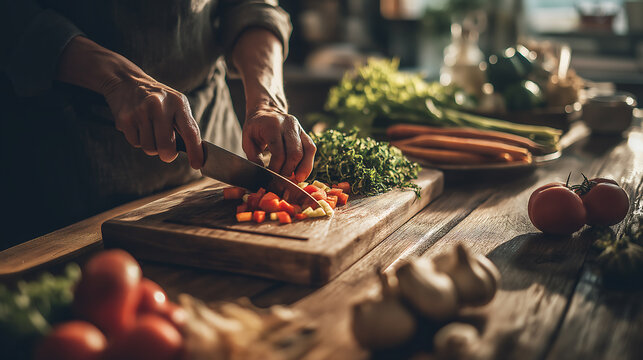 Healthy meal preparation chopping vegetables on wooden cutting board