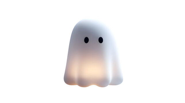 3D style white Halloween ghost with soft glow, isolated on white background