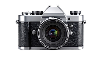 Vintage silver and black camera, front view.  Large lens, numerous controls