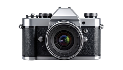 Vintage silver and black camera, front view.  Large lens, numerous controls