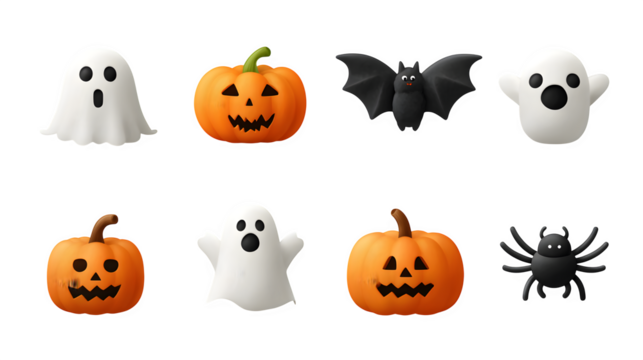 A set of Halloween icons including pumpkins, bats, ghosts, and spiders, isolated on white background