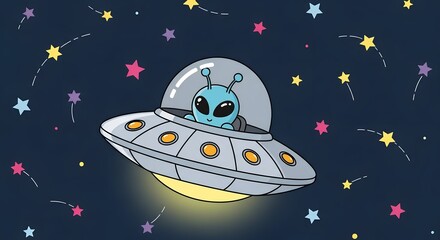 Cute cartoon alien in a flying saucer spaceship, surrounded by colorful stars and comets in the dark night sky, representing space exploration and extraterrestrial life