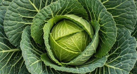 Fototapeta premium Fresh green cabbage head with leaves, close up overhead shot