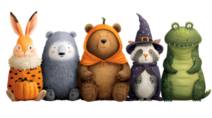 Animals wearing Halloween costumes in cartoon cutout style, isolated on white background