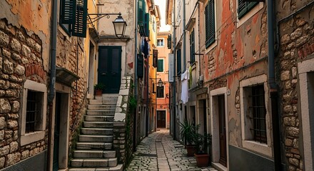 Narrow cobblestone street in old European town.
