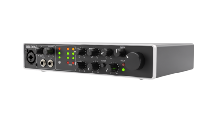 Audio interface with knobs and lights isolated on white isolated on transparent background