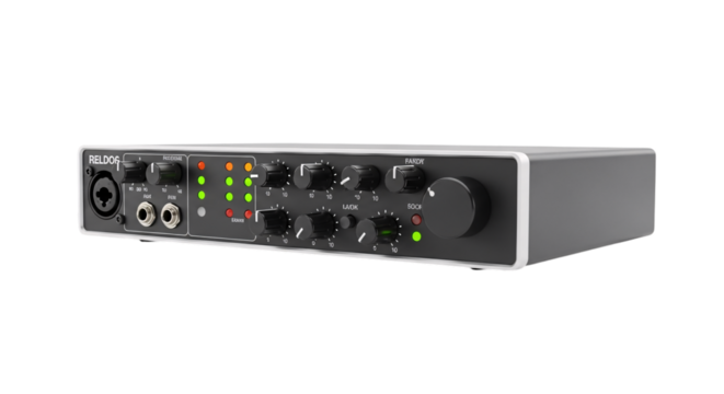 Audio interface with knobs and lights isolated on white isolated on transparent background