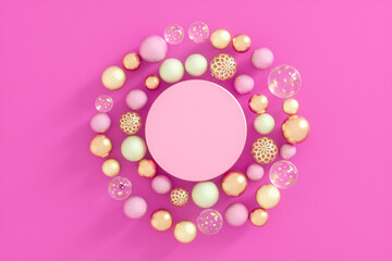 Christmas circle podium with Ornaments on pink Background. 3d rendering