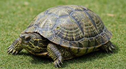 Obraz premium Turtle resting in the sunshine on green grass