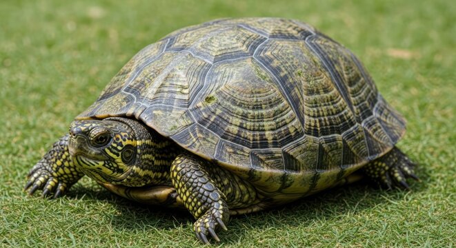 Turtle resting in the sunshine on green grass