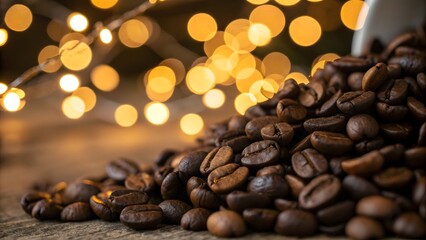 Obraz premium Close-up Roasted Coffee Beans with Warm Bokeh Lights