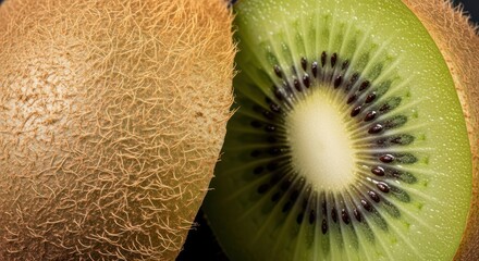 Macro shot of a cut kiwi fruit, revealing its vibrant green flesh