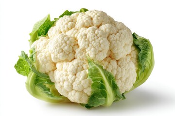 A whole head of cauliflower, off-white florets, surrounded by pale green leaves, is presented against a bright white background