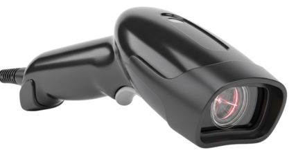 Black barcode scanner isolated on transparent background
