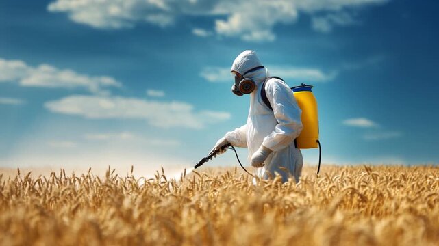 Agricultural worker in Wheat Field: A worker in a protective suit sprays a wheat field under a bright blue sky, providing a glimpse into modern agriculture and farming practices.