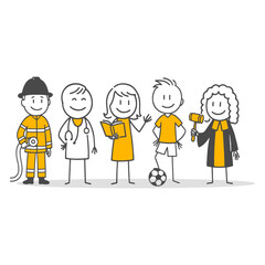 A fun illustration representing diversity and collaboration through characters from different professions.