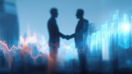 Business partners shaking hands with a digital financial data overlay.