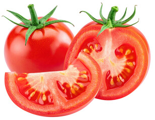 Fresh red tomatoes, whole and sliced, with green stems