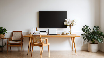 A minimalist, modern living space with a clean white wall and light wooden flooring. A large flat screen TV is mounted on the wall, centered above a long wooden desk with sleek, thin legs.