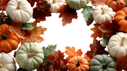 Autumn leaves and pumpkins frame with empty center, isolated on white background