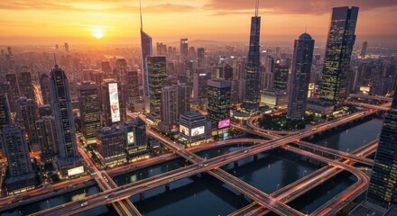 Fototapeta premium Aerial view of a bustling Asian city at sunrise. Modern skyscrapers, illuminated roadways, and a river network crisscrossing the urban landscape are featured in this vibrant cityscape shot