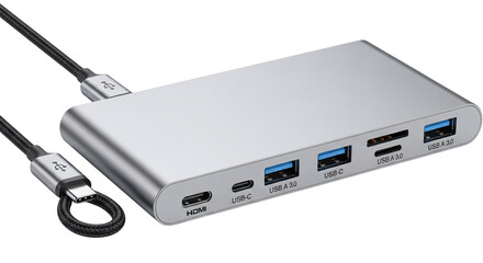 Silver usb c hub with multiple ports isolated on transparent background
