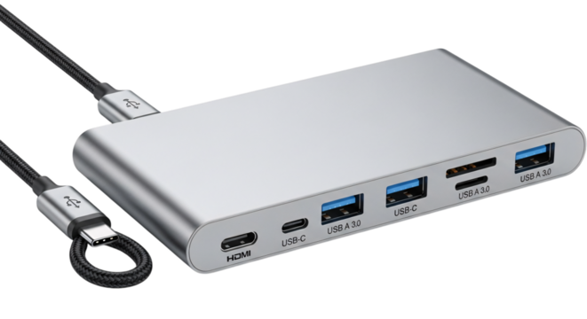 Silver usb c hub with multiple ports isolated on transparent background