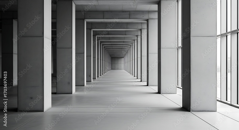Poster Infinite Concrete Corridor with Repeating Columns and Natural Light hallway architecture
