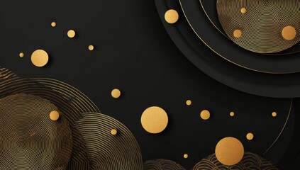Abstract layered circles and dots in black and gold
