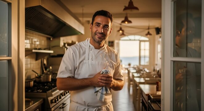 Chef wiping wine glasses in restaurant kitchen. Gastronomy concept for culinary experiences, dining, or food blog. Focus on service, hospitality, & culinary arts.