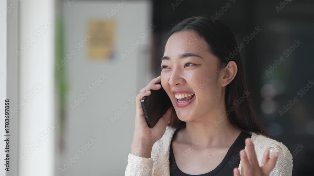 Poster professional asian businesswoman experiencing diverse emotions while communicating on smartphone, di